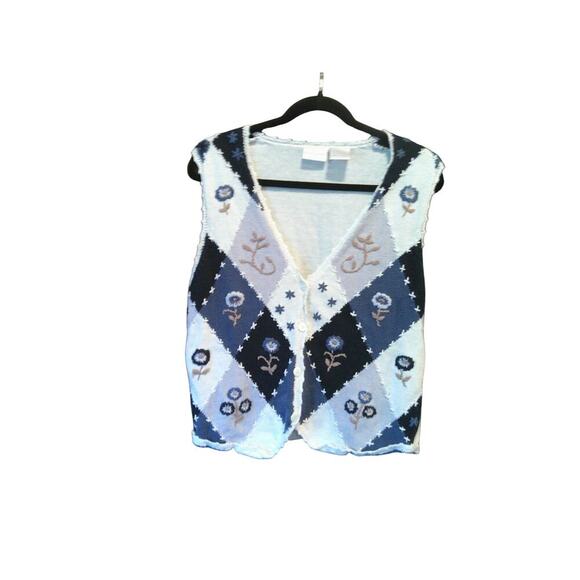 Stoneybrook Vintage Patchwork Sweater Vest Women’s Small Blue Floral Argyle - Picture 1 of 8